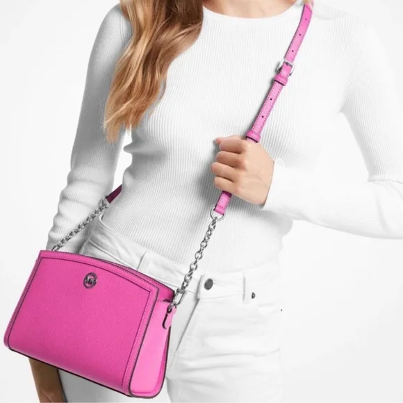 Michael Kors Chantal Chain Strap Crossbody Bag Pink Pebble Leather Cerise Pink - Picture 8 of 8